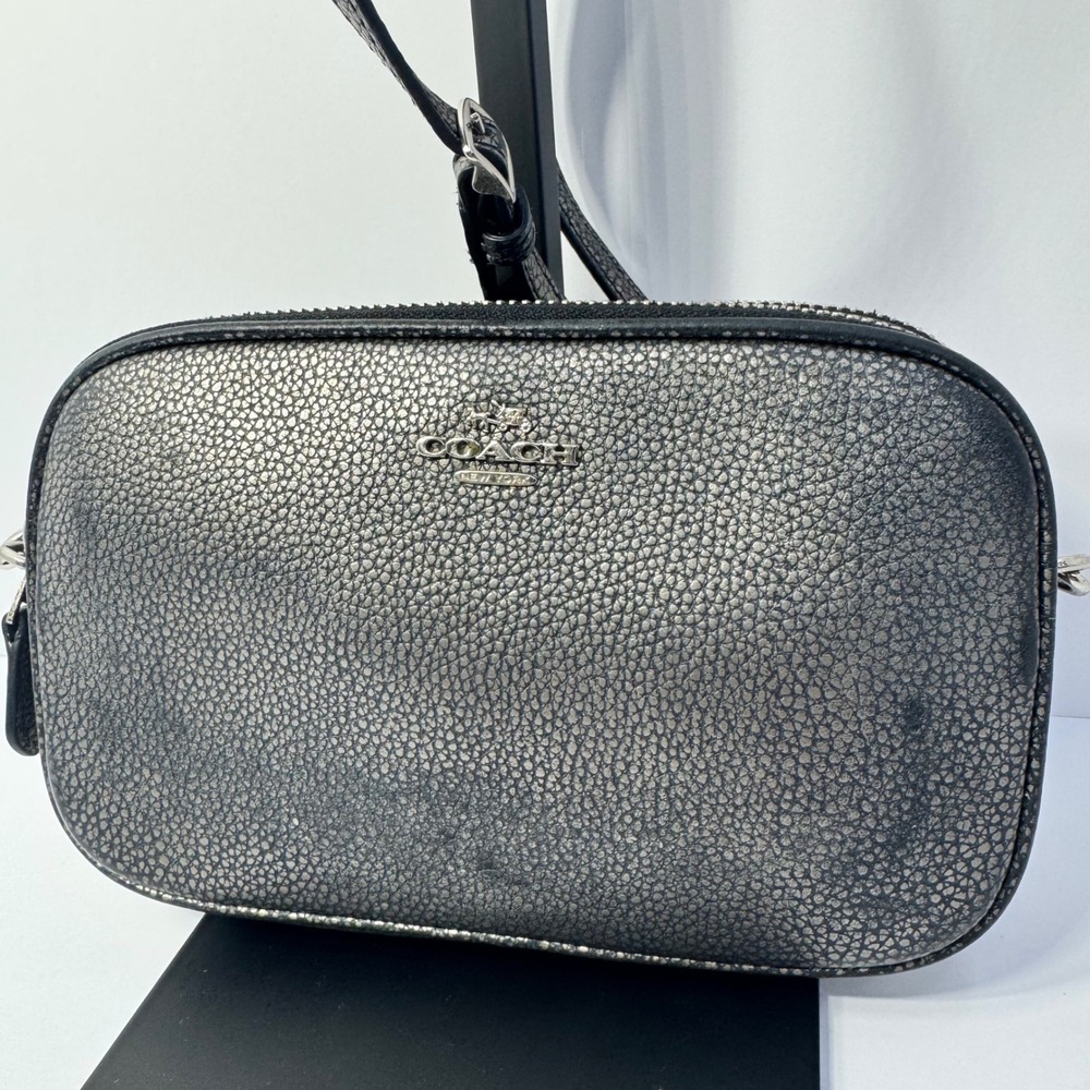 Coach Sadie Crossbody Clutch Bag Metallic Pebbled Leather Double Zip Gunmetal - Picture 3 of 12